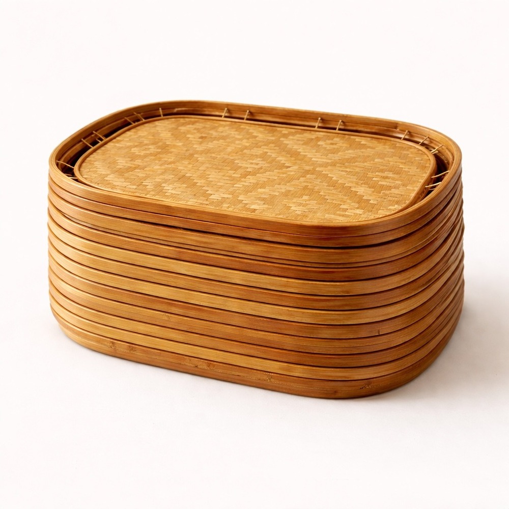 Set 10 Woven Bamboo Trays Natural Geometric Diamond Pattern Boho Serving Decor - Picture 2 of 10